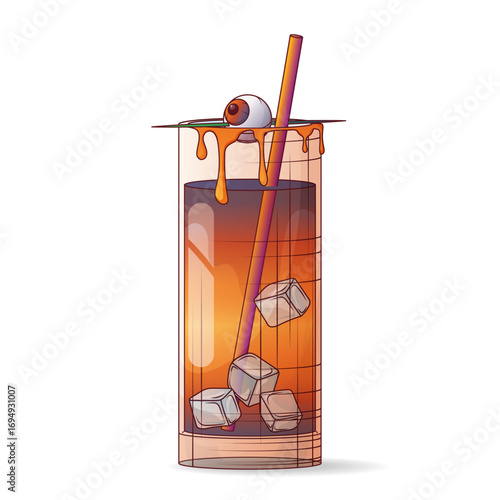 Vector illustration of glass with poison cocktail. Dripping liquid, eyeball on toothpick, straw. Halloween spooky drink, creepy party beverage. Halloween design, menu decoration.