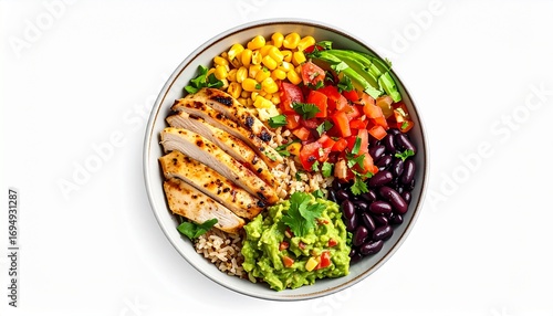 Healthy burrito bowl with grilled chicken, rice, beans, corn, avocado, and guacamole, isolated on a white background.