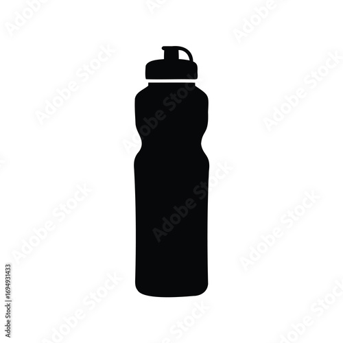 Black silhouette of a reusable sports water bottle with drinking cap