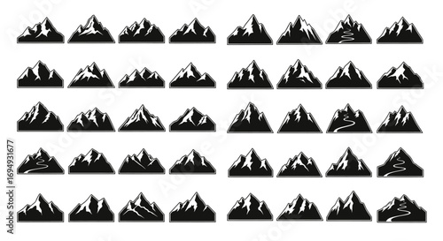 Collection of 30 Mountain Icons Black White Peaks Snow Capped and Winding Roads Vector Graphics