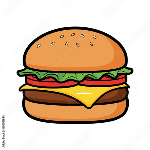 A juicy cartoon burger with cheese, lettuce, and tomato on a sesame seed bun.