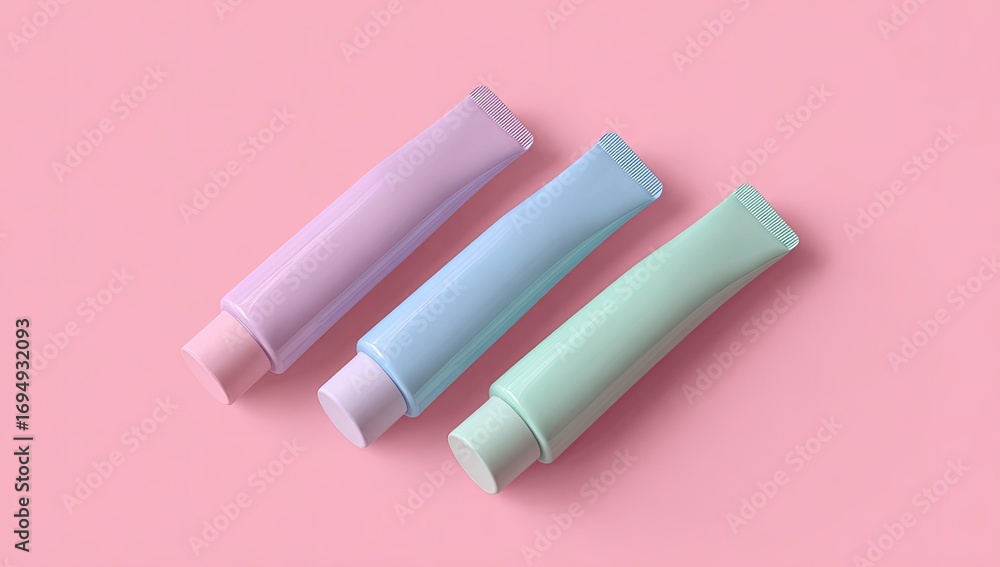 Fototapeta premium Three pastel-colored tubes of cosmetic product on a pink background
