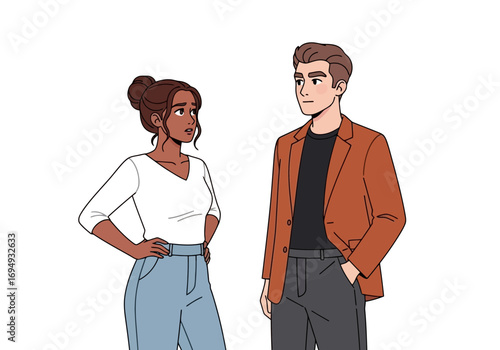 Vector art of a man and a woman standing and looking away from each other with hands on hips