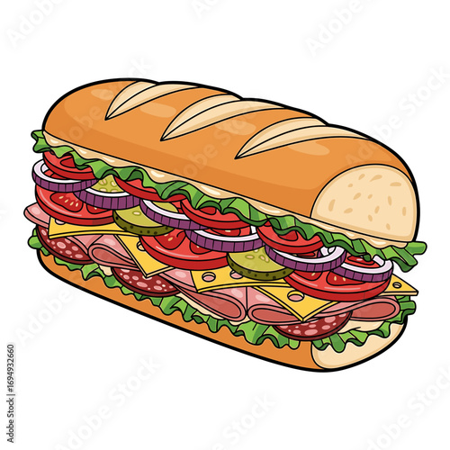 Colorful illustration of a large sub sandwich, loaded with various fillings.