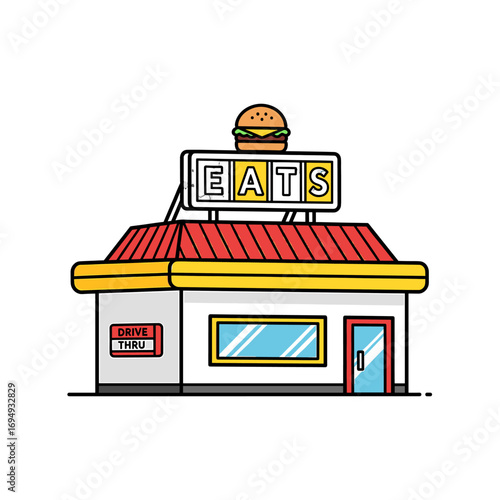 A cheerful cartoon illustration of a classic diner, featuring a drive-thru and a burger atop its sign.