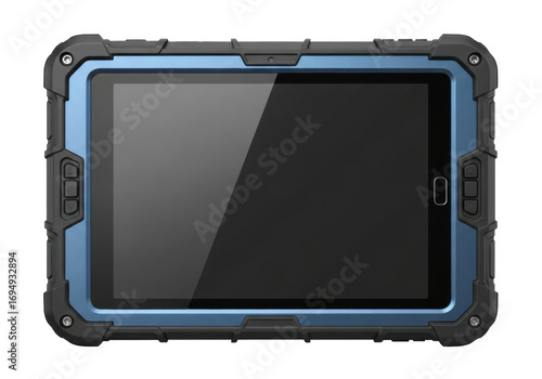 Robust industrial-grade tablet, metallic blue casing, matte black rubber trim, dark unlit screen, tactile buttons, on white background with copy space, concept of rugged durability for field