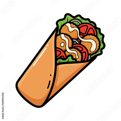 Cartoon illustration of a wrap or burrito filled with falafel, lettuce, tomatoes, onions, and sauce.