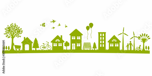 Green eco friendly city skyline with renewable energy sources and sustainable lifestyle elements