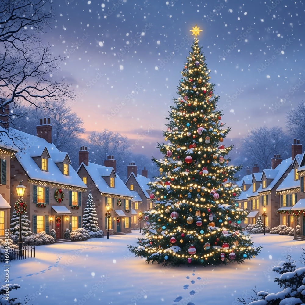 Obraz premium Festive Christmas snowy village at dusk, warmly lit houses, decorated Christmas tree, falling snow, square format, full depth of field, cozy and bright