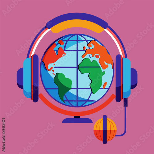 “Globe with headphones and microphone, celebrating International Podcast Day, 