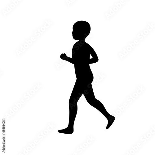 Silhouette of a young child running, exercising or walking on a white backdrop