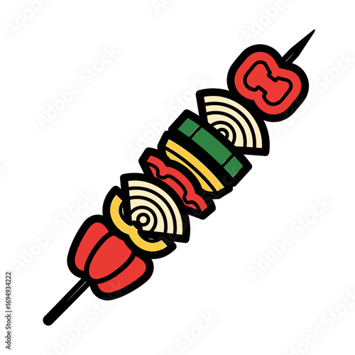 A colorful shish kebab skewer with alternating red peppers, onions, yellow and green vegetables, presented on a white background.