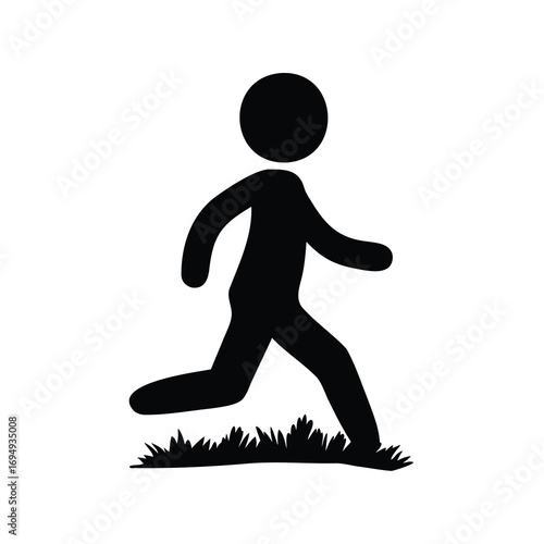 Simple stick figure sprinting across grass or turf in black silhouette