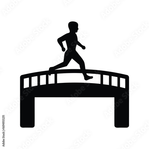 Silhouette of a person running on a bridge with white background