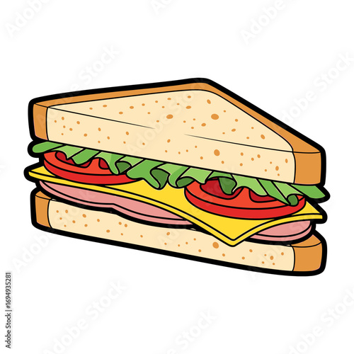 Cartoon illustration of a ham and cheese sandwich, sliced diagonally.