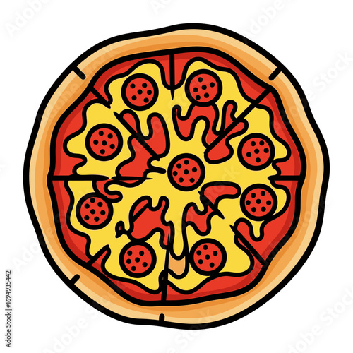 Overhead view of a pepperoni pizza with melted cheese and sauce.