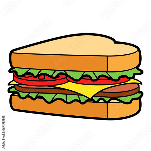 Cartoon illustration of a sandwich with lettuce, tomato, cheese and meat between two slices of bread.