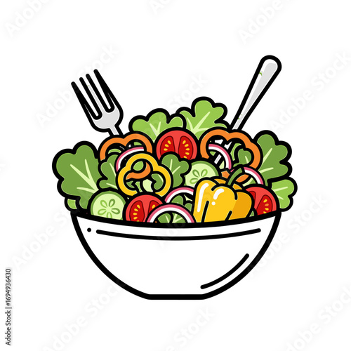 A vibrant vegetable salad in a bowl, ready to eat, with a fork and spoon.