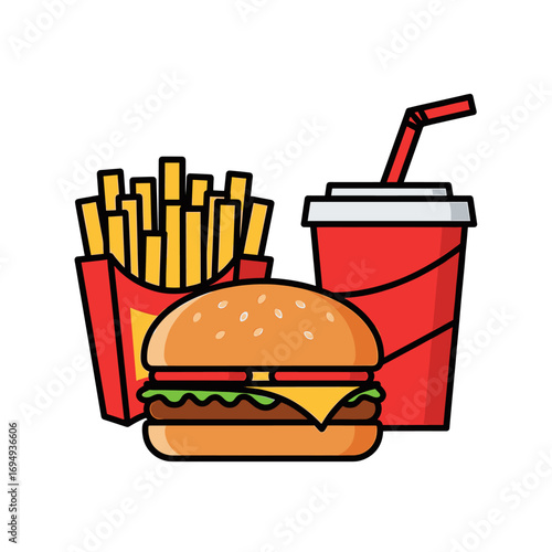 Illustration of a fast food meal: burger with cheese, fries in a red container, and a red drink with a straw.