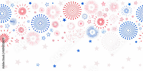 Festive red white and blue fireworks and stars celebration background design