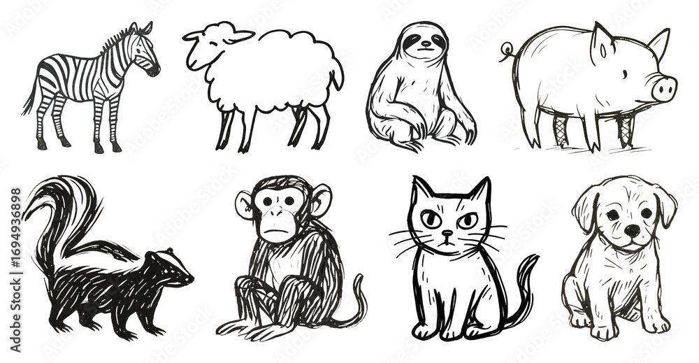 Obraz premium PNG Hand-drawn animal sketch collection, element set on transparent background