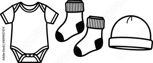 Baby clothes set: onesie, socks, and beanie.