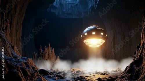 Alien saucer spaceship hovering with light beam in rocky cave with mist. UFO mystery and science fiction exploration.