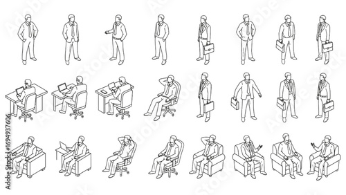 Top View People Silhouettes | Executives Standing and Sitting, Worker CAD Line Vector Illustration