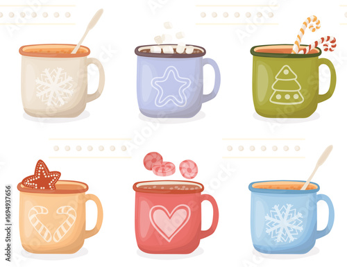 Bright Christmas ceramic cups and porcelain mugs with festive pattern and homemade hot drinks  on a white background. Seamless vector print for  festive wrapping paper, fabric, textile.