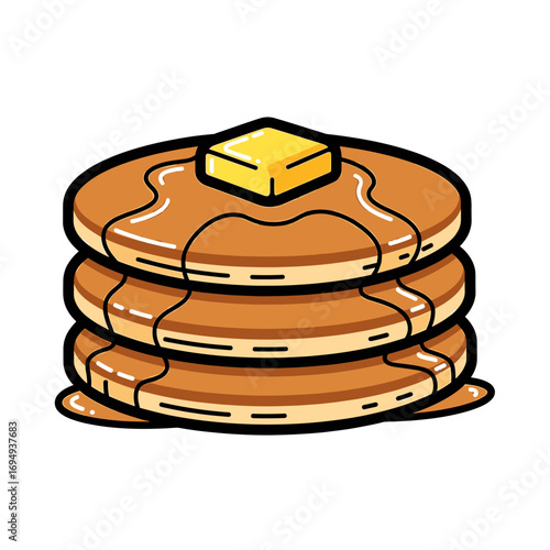 Cartoon illustration of a stack of pancakes with butter and syrup.