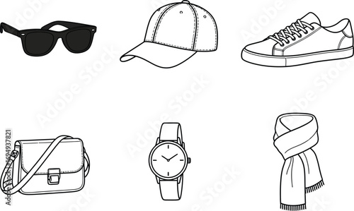 Outline illustrations of various fashion accessories, including sunglasses, baseball cap, sneakers, handbag, wristwatch, and scarf.