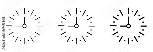 analog clock icons showing 12:45 time in thin, medium, and bold line styles, isolated on transparent background, minimalist vector illustration