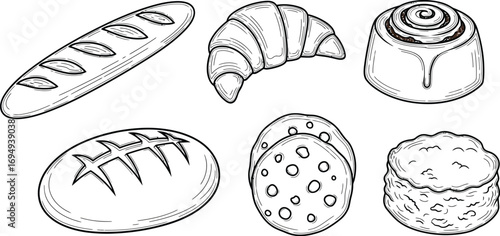Various types of baked goods, including bread, croissants, cinnamon rolls, and cookies.