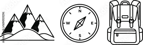 Line art icons of mountains, a compass, and a backpack, representing outdoor adventure and travel essentials.