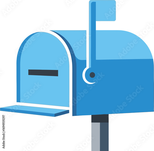 A detailed image of a blue mailbox with the flag up, ready for mail delivery.