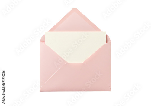 Isolated envelope with card for letter paper or invitation; pastel pink and ivory colors