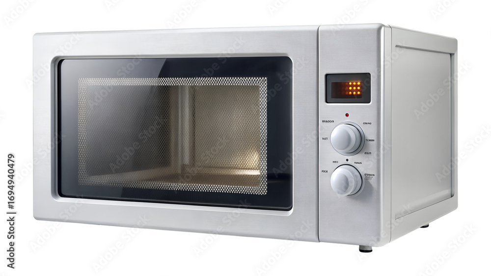 Fototapeta premium Modern microwave oven isolated on transparent background, a convenient appliance for quickly heating food and cooking simple meals in the kitchen