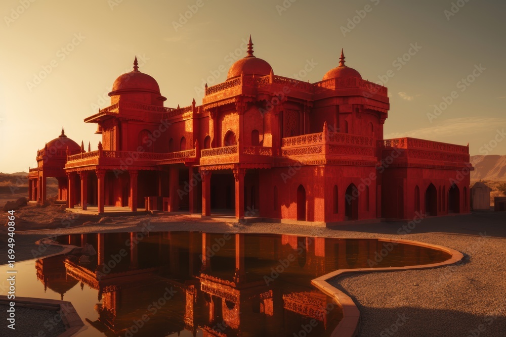 Fototapeta premium A desert palace made of red glass and gold, reflecting the burning sun