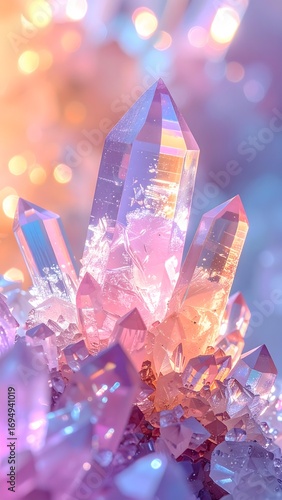 A radiant cluster of magical healing crystals shimmering with iridescent pastel colors against a soft, dreamy bokeh background