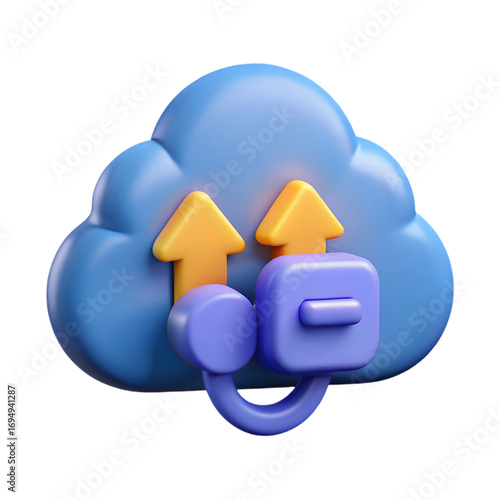 3D Render: Cloud Data Upload,  Digital Asset Transfer,  Cybersecurity Icon,  Network Technology,  Abstract Cloud Computing Graphic