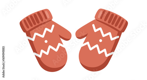 Cute red mittens with zigzag design on white background