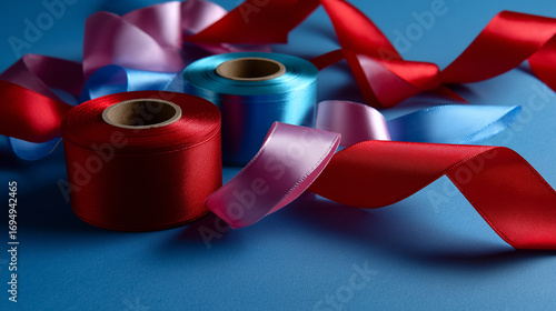 Contrast shot: holiday ribbons spilling from spools onto blue background, blank red margin left clean.
