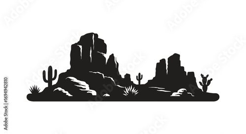 desert landscape with cacti and rocky formations silhouette
