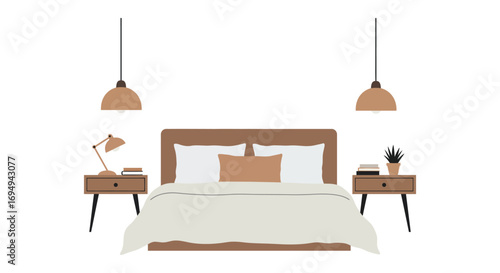 cozy bedroom scene with bed lamps nightstands and hanging lights silhouette