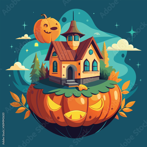 Halloween pumpkin on a spooky house roof at night illustration