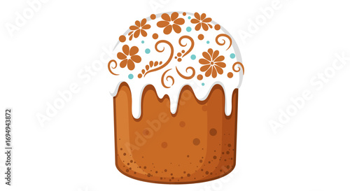 Decorated easter cake with icing and floral patterns on white background