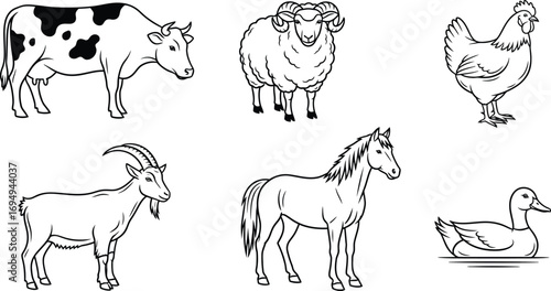 A collection of black and white line art illustrations featuring various farm animals like a cow, sheep, chicken, goat, horse, and duck.