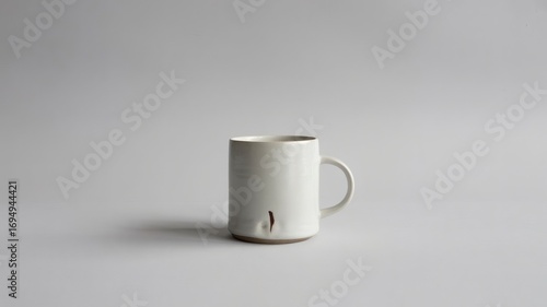 features a minimalist ceramic mug against a simple, light gray background.