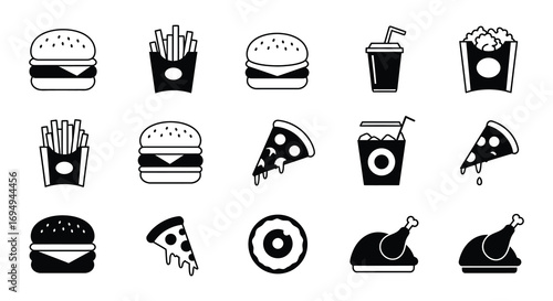 fast food icons depicted in simple black silhouette
