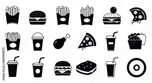 fast food icons depicted in black and white silhouette